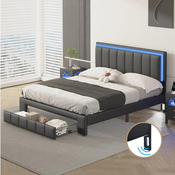 Unbranded Black Wood Frame Queen Size Faux Leather Upholstered Platform Bed Frame with LED lighting, No Box Spring Needed