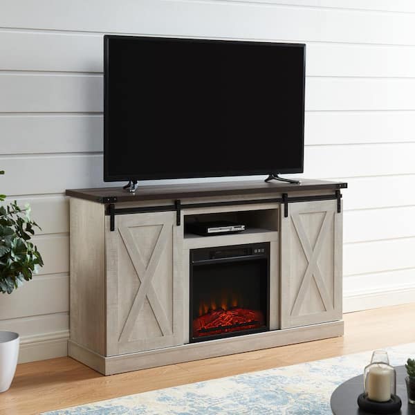 Edyo Living 54 In Rustic Farmhouse Electric Fireplace Tv Stand With Sliding Barn Door Gray, Sliding Barn Door Electric Fireplace