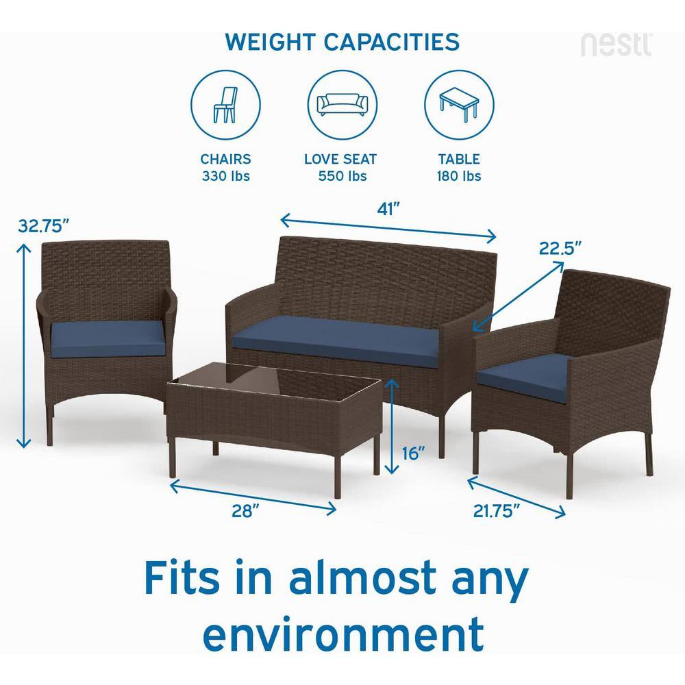 4-Piece Brown Wicker Outdoor Seating Set with Blue Cushions