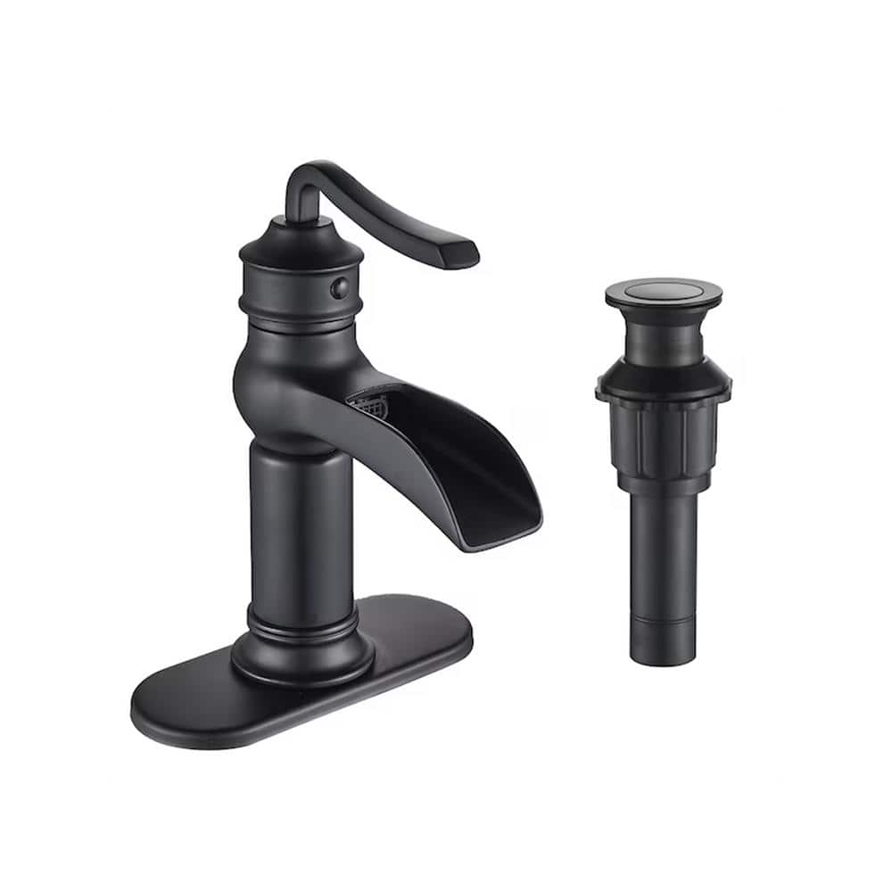 Matte Black Brass Waterfall Bathroom Faucet with Pop Up Drain