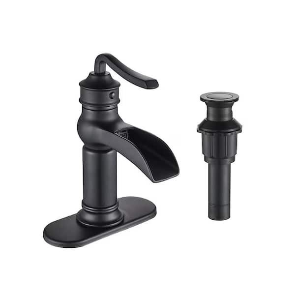 androme Single Handle Single Hole Mid-Arc Waterfall Bathroom Sink Faucet with Deckplate Pop-Up Drain in Matte Black