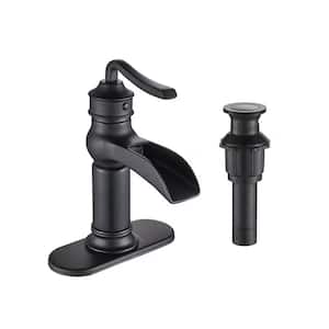 Single Handle Single Hole Mid-Arc Waterfall Bathroom Sink Faucet with Deckplate Pop-Up Drain in Matte Black