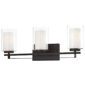 Parsons Studio 24 in. 3-Light Sand Black Vanity Light with Clear and Etched White Glass Shades