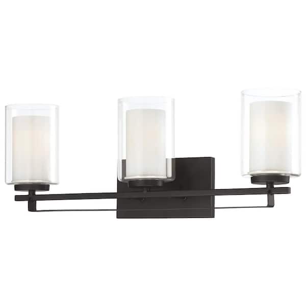 Minka Lavery Parsons Studio 24 in. 3-Light Sand Black Vanity Light with Clear and Etched White Glass Shades