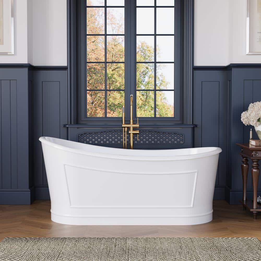 66 in. Acrylic Flatbottom Freestanding Soaking Bathtub in Glossy White Over