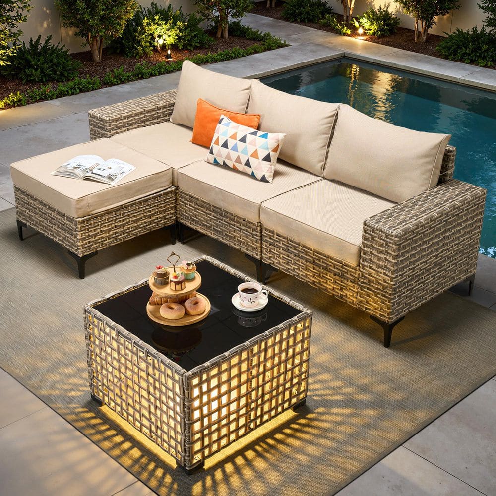 5-Piece Patio Furniture Set All-Weather Sofa Set Gray Wicker Patio Conversation Set w Table and Beige Cushions price history on PriceWatchPro