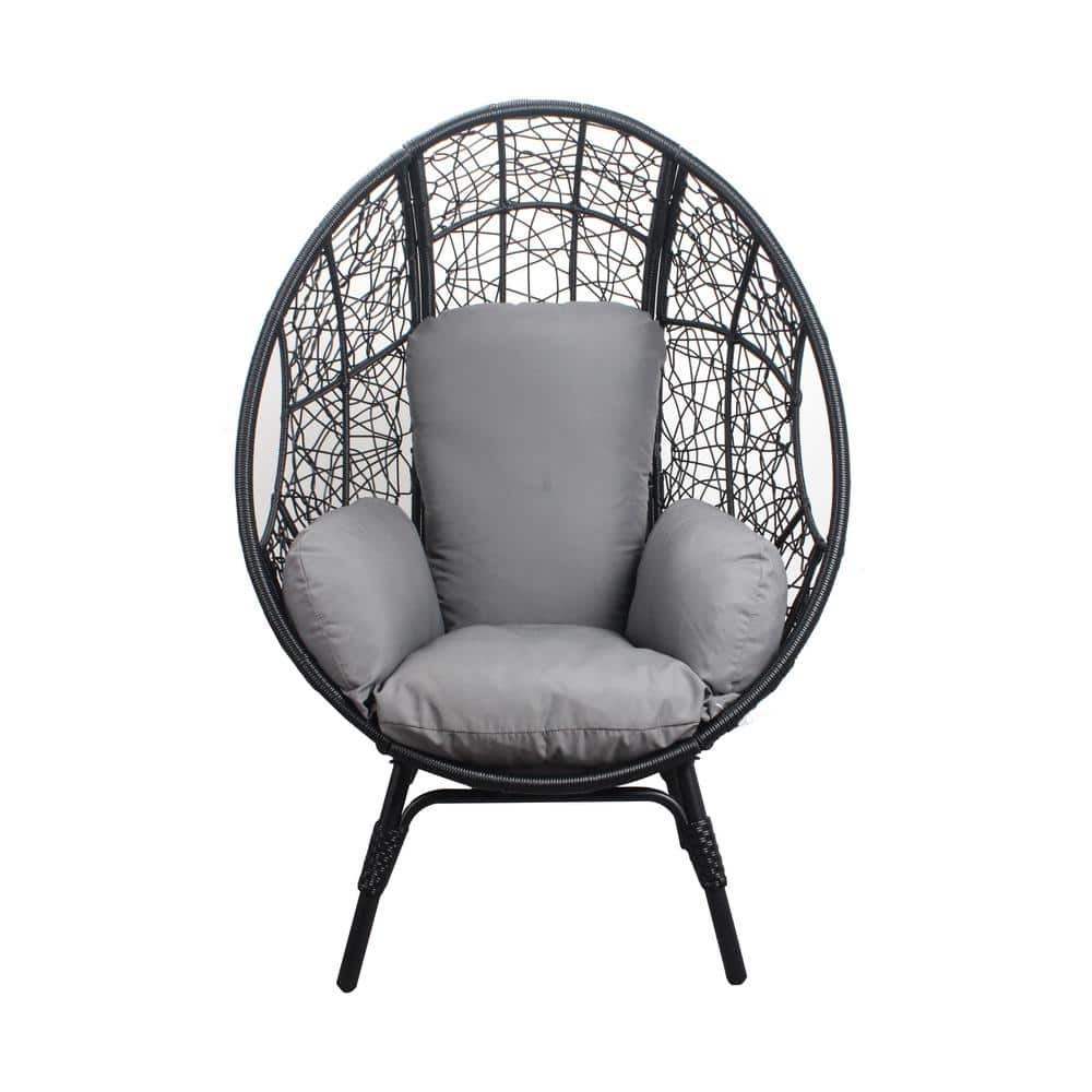 Black Wicker Outdoor Lounge Chair, Patio PE Rattan Egg Chair with Grey Cush