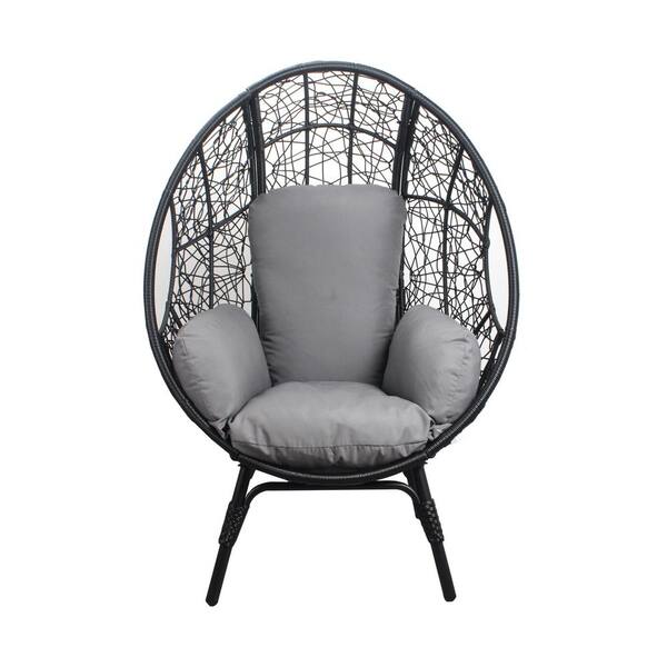Unbranded Black Wicker Outdoor Lounge Chair, Patio PE Rattan Egg Chair with Grey Cushions for Garden, Lawn, Backyard