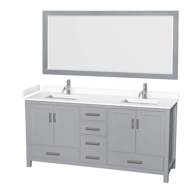 Wyndham Collection Sheffield 72 in. W x 22 in. D x 35 in. H Double Bath Vanity in Gray with White Cultured Marble Top and 70" Mirror