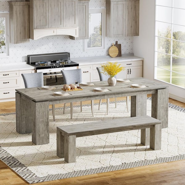 Roesler Farmhouse Gray Engineered Wood 86.6 in. 4 Legs Rectangle Dining Table Seats-8