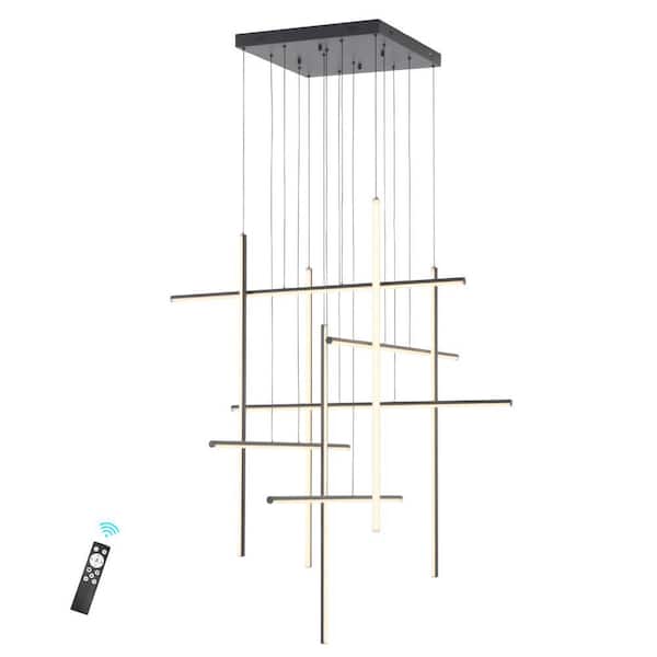 Square 10 Lights Dimmable Integrated LED Black Linear Tube Chandelier for Villa Foyer Stairs, Statement Chandelier