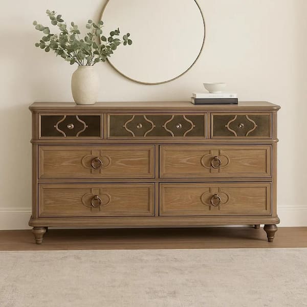 laila slate brown dresser Benjara Lyla Rustic Oak and Brass 7 Drawer 64 in. without Mirror BM340243 Beach Wedding Guest Dress Amish Dress Hat - Clothing features:Illusion Detailing Spacious drawers offer plenty