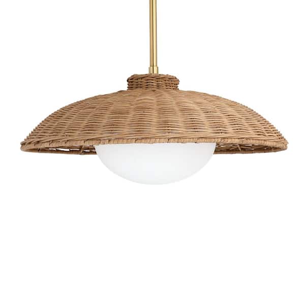 Belleville 60-Watt Light Brown Boho Pendant Light with Glass Diffuser, Rattan Pendant Light with Shade