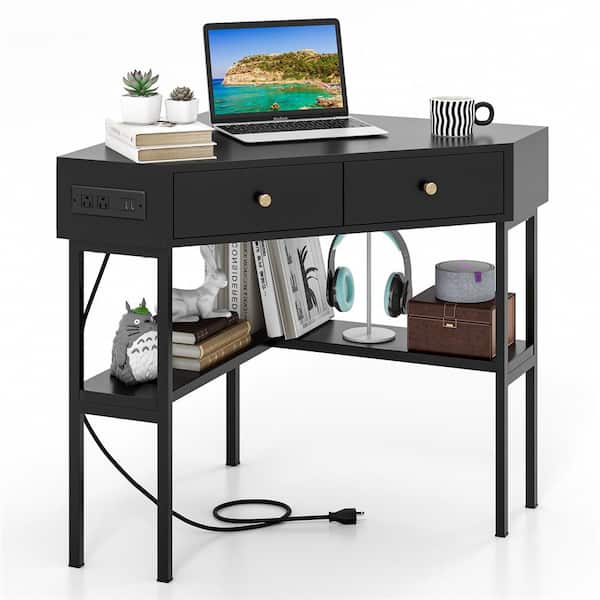 Costway 39.5 in. Black 2-Drawers Corner Computer Desk