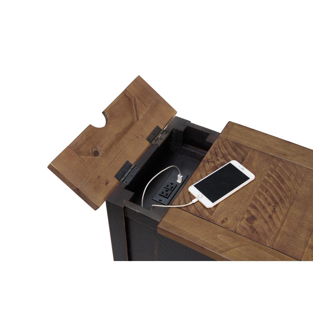 Espresso Rustic Pine Chairside Table with Power Outlets and Storage