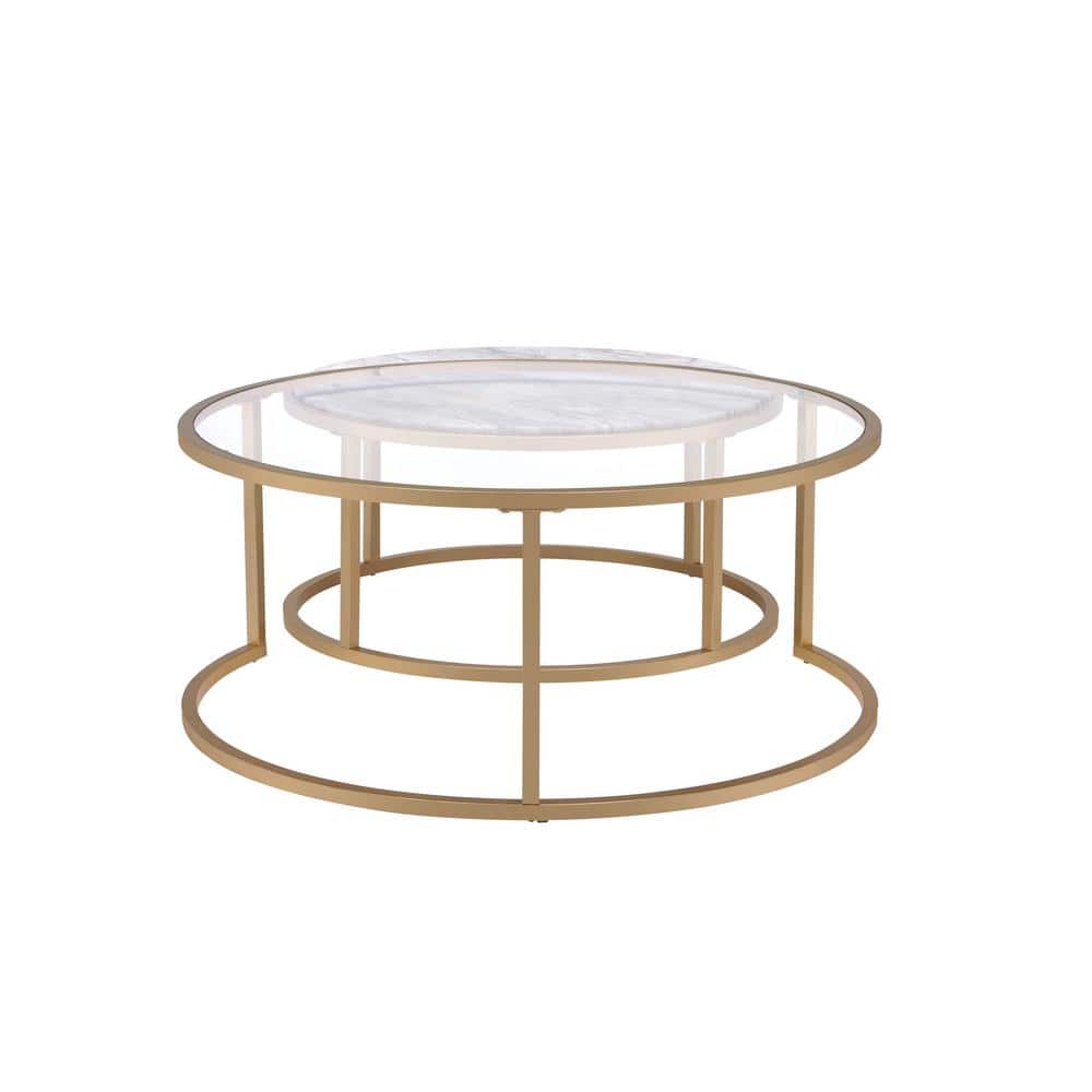 Gold Metal Framed Round Glass and Marble Nesting Coffee Tables