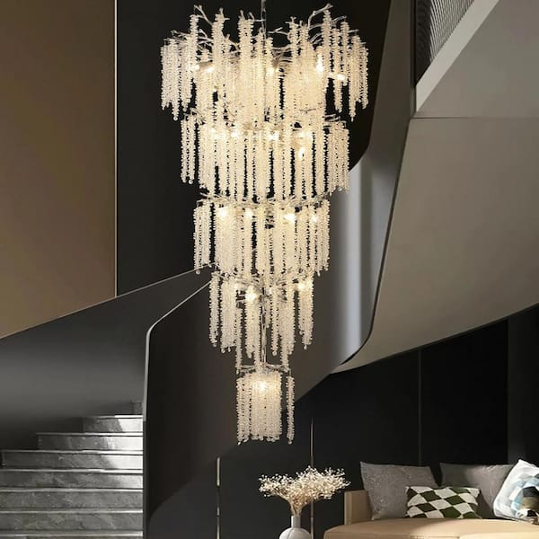 YUYI 118 in. H, 28-Lights Silver Luxury Crystal Chandelier, Tree Branches Chandelier for Entryway High Ceiling Chandelier