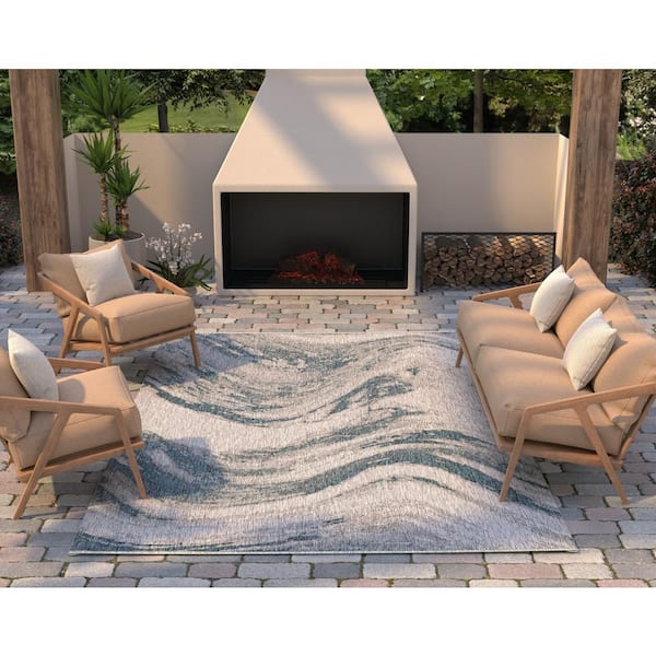 Isla Gray/Teal 8 ft. x 10 ft. Transitional Watercolor Indoor/Outdoor Area Rug