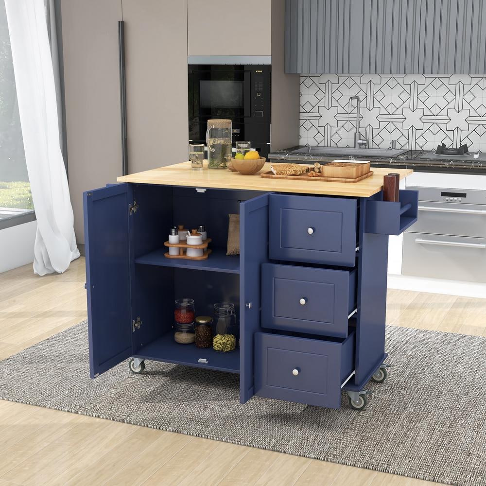 Xzkai Blue Wood 52.7 in. Kitchen Island with Towel Rack Cai-KI-21 - The ...