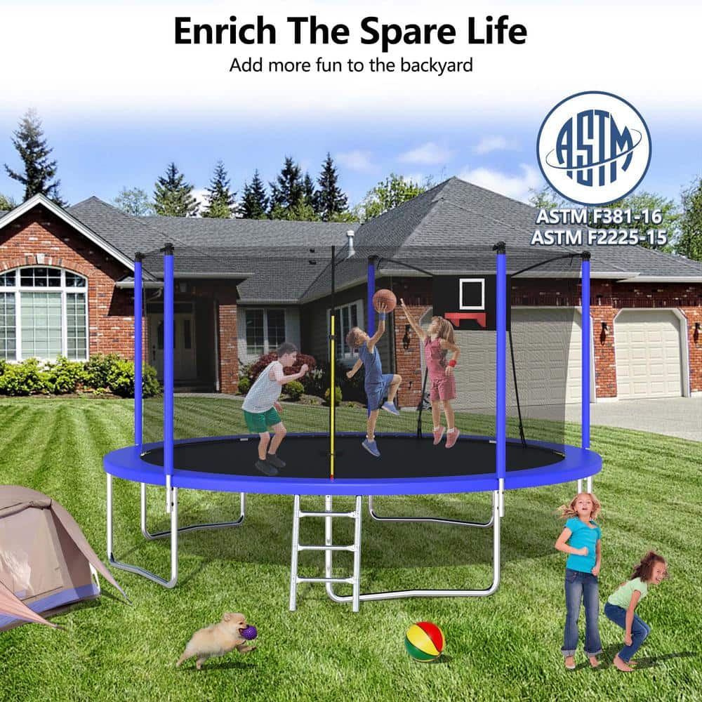 14 ft Blue Round Outdoor Trampoline with Enclosure Net and Ladder
