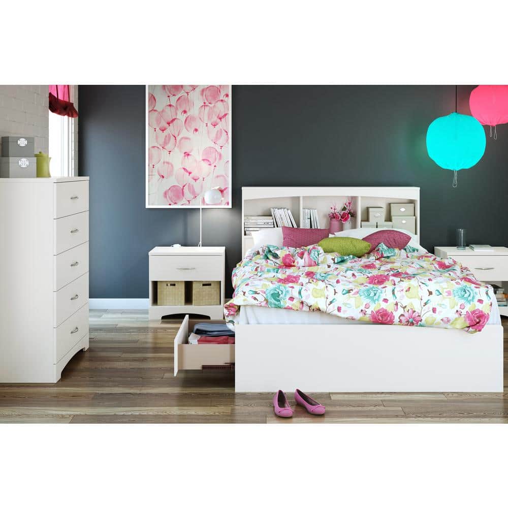 Step One Full/Double White Wood Frame Captain's Bed with Storage and Bookcase