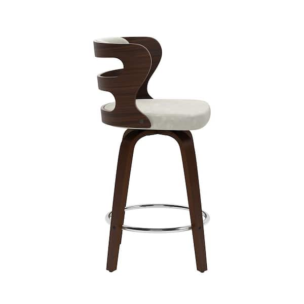 Arabela 26 in. Beige Gray Solid Wood Swivel Bar Stool Faux Leather Kitchen Counter Stool with Walnut Frame Set of 4