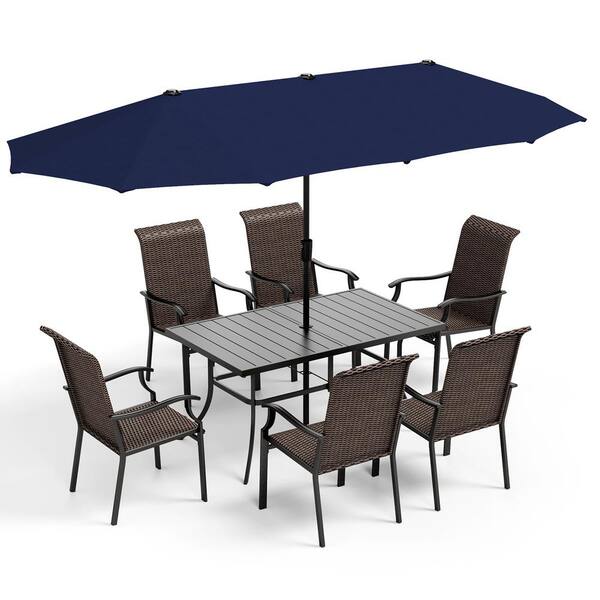 PHI VILLA 8Piece Wicker Outdoor Dining Set with Umbrella and Rattan