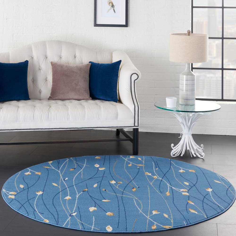 Light Blue Floral Round Synthetic Area Rug 5'3"