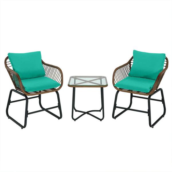 SUNRINX 3-Piece Wicker Outdoor Bistro Set with Turquoise Cushions
