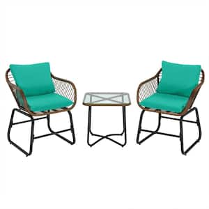 3-Piece Wicker Outdoor Bistro Set with Turquoise Cushions