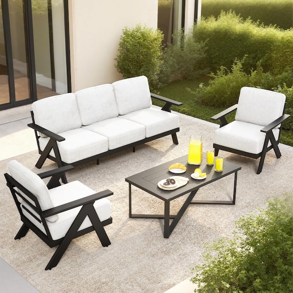 4-Piece 5-Person Aluminum Frame Patio Conversation Set with Beige Cushions