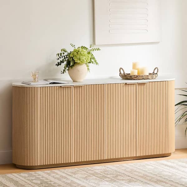 Julian Oak/Faux Marble Wood Modern Sideboard with Rounded Edges,Adjustable Shelves,Soft-Close Hinges,Metal Handles