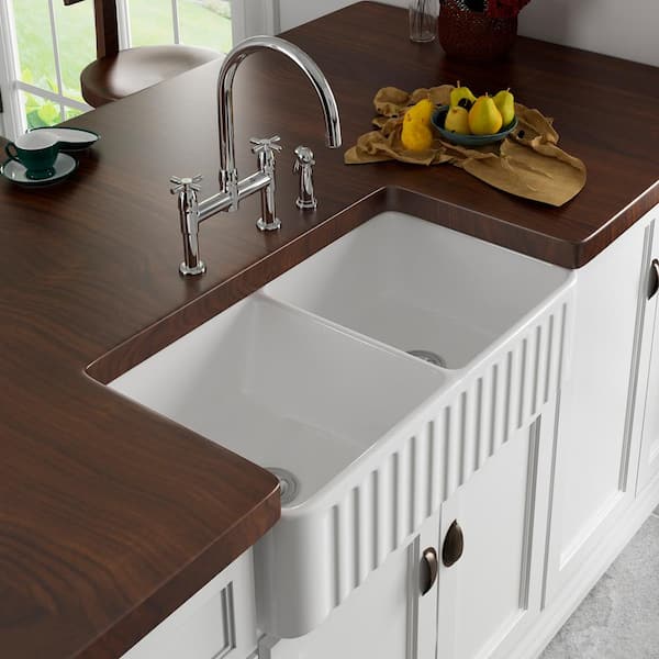 Eridanus White Ceramic 33 In Double Bowl Farmhouse Apron Kitchen Sink