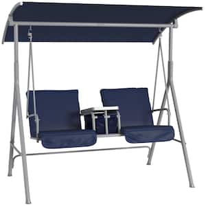 2-Person Metal Patio Swing with Canopy, Table, 2 Cup Holders Navy Blue Cushions