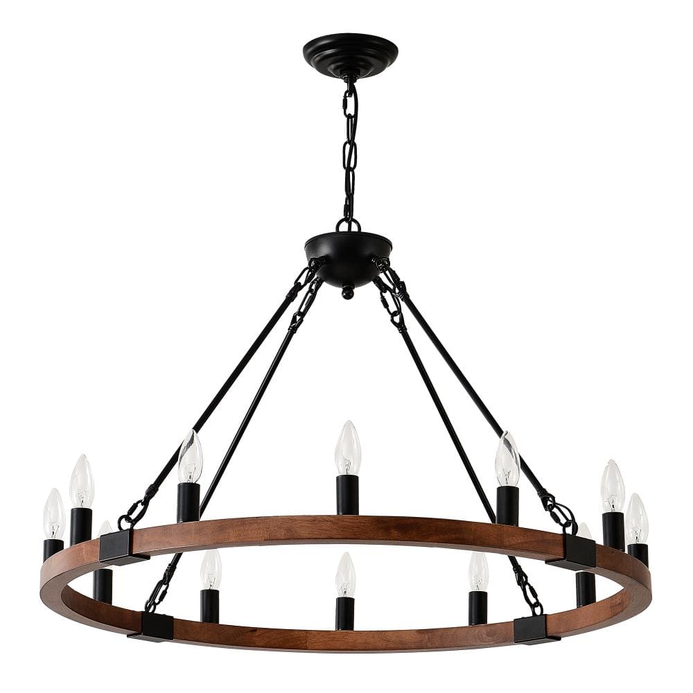 31.5 in. 12-Light Black Walnut Farmhouse Carriage Wheel Chandelier for Dining Room or Kitchen Island price history on PriceWatchPro