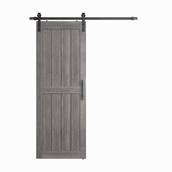 SANDING 30 in. x 84 in. Gray MDF Sliding Barn Door with Hardware Kit, Covered with Water-Proof PVC Surface, H-Frame
