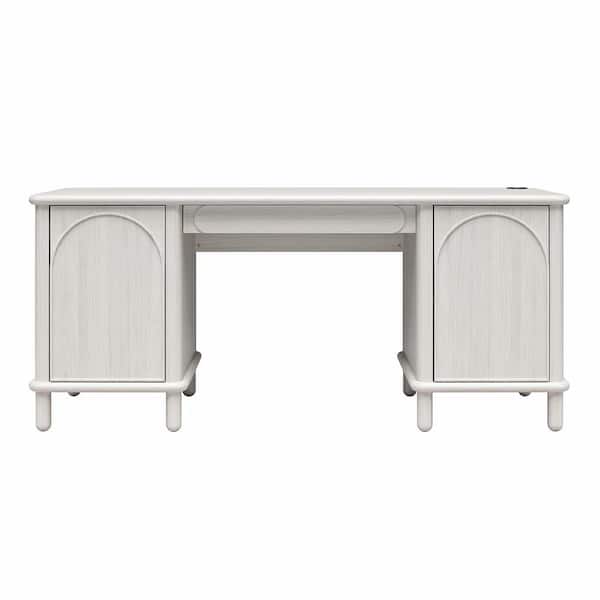 Selena 68.5 in., Rectangular Rustic White Wood 1-Drawer, Double Pedestal Desk with Built In Wireless Phone Charger