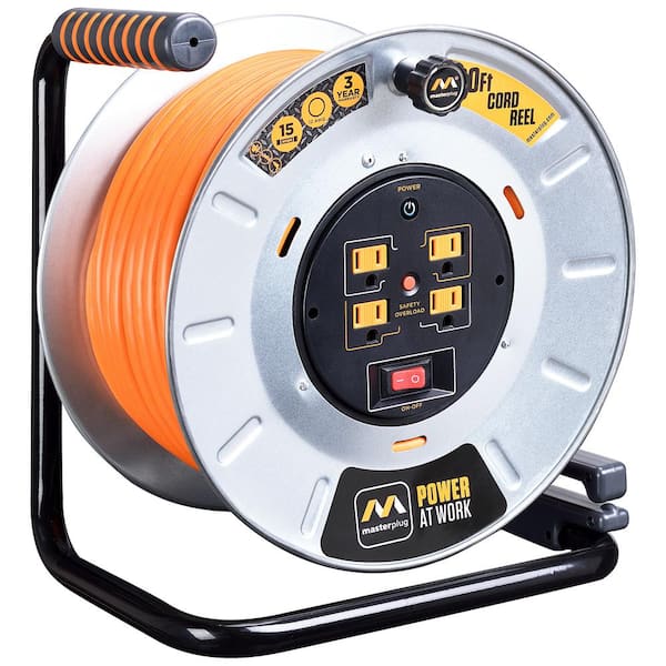 50Ft Retractable Extension Cord Reel, Heavy Duty Power Cord Reel with 3  Outlets