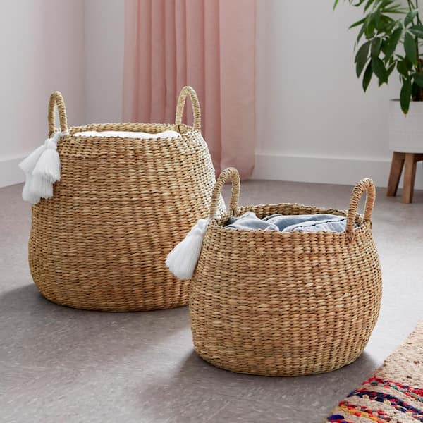 StyleWell Round Natural Water Hyacinth Decorative Baskets with White Tassels (Set of 2)