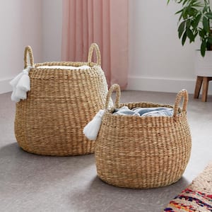 Round Natural Water Hyacinth Decorative Baskets with White Tassels (Set of 2)