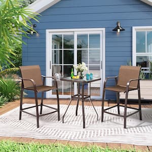 3-Piece Aluminum Outdoor Patio Bar Set in Brown with Tempered Glass Table Top and Umbrella Hole