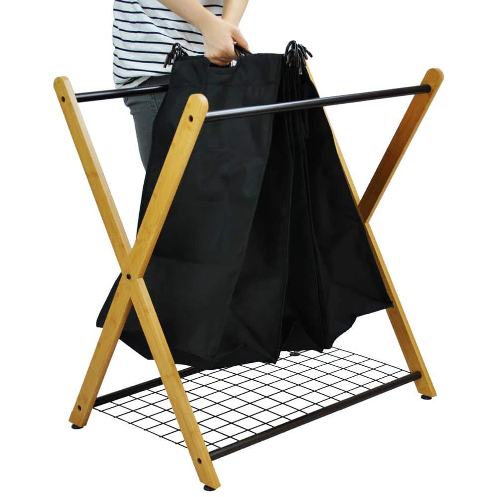 Black Bamboo X-Frame 3-Bag Laundry Sorter with Wire Handles
