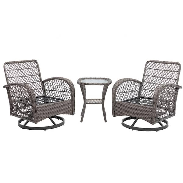 Sudzendf 3-Piece Metal Outdoor Swivel Rocker Patio Conversation Set with Gray Cushions and Glass Coffee Table