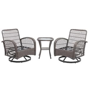 3-Piece Metal Outdoor Swivel Rocker Patio Conversation Set with Gray Cushions and Glass Coffee Table