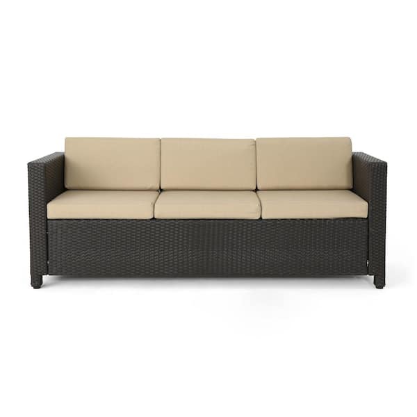 Noble House Puerta Dark Brown Wicker Outdoor Patio Sofa with Beige Cushions