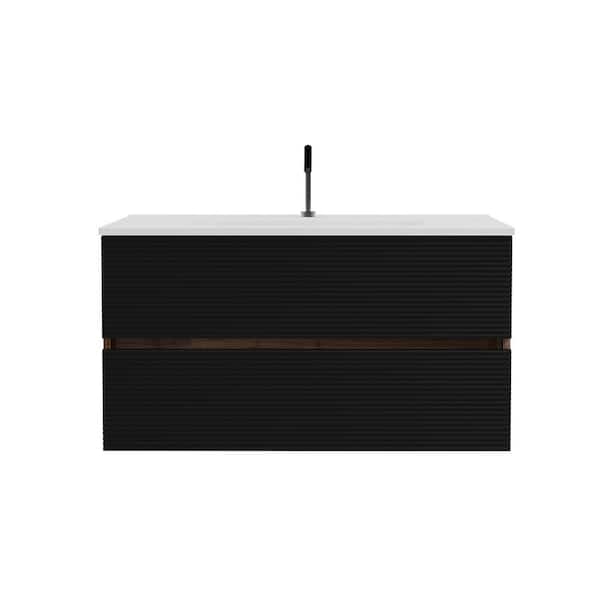 Glory 36 in. Single Sink Wall Mounted Walnut with Soft Black Panel Bath Vanity with White Integrated Ceramic Top Sink