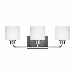 Canfield 23 in. 3-Light Brushed Nickel Minimalist Modern Wall Bathroom Vanity Light with White Glass and LED Bulbs
