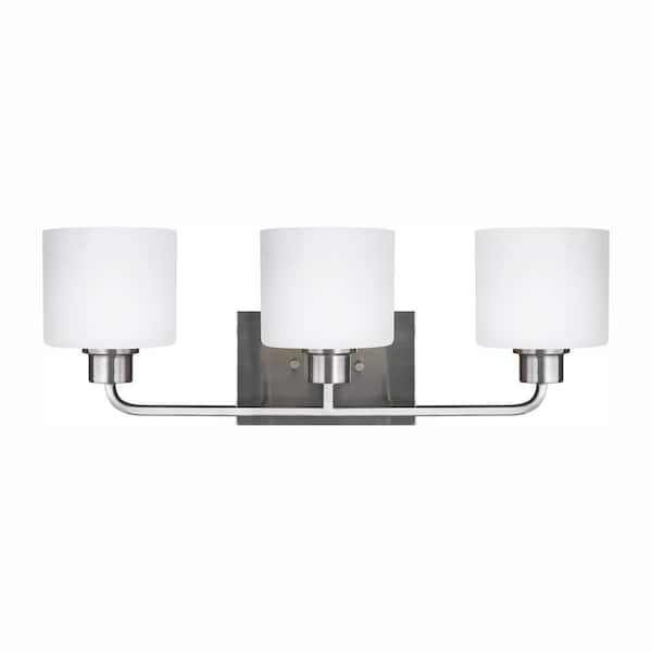 Canfield 23 in. 3-Light Brushed Nickel Minimalist Modern Wall Bathroom Vanity Light with White Glass and LED Bulbs