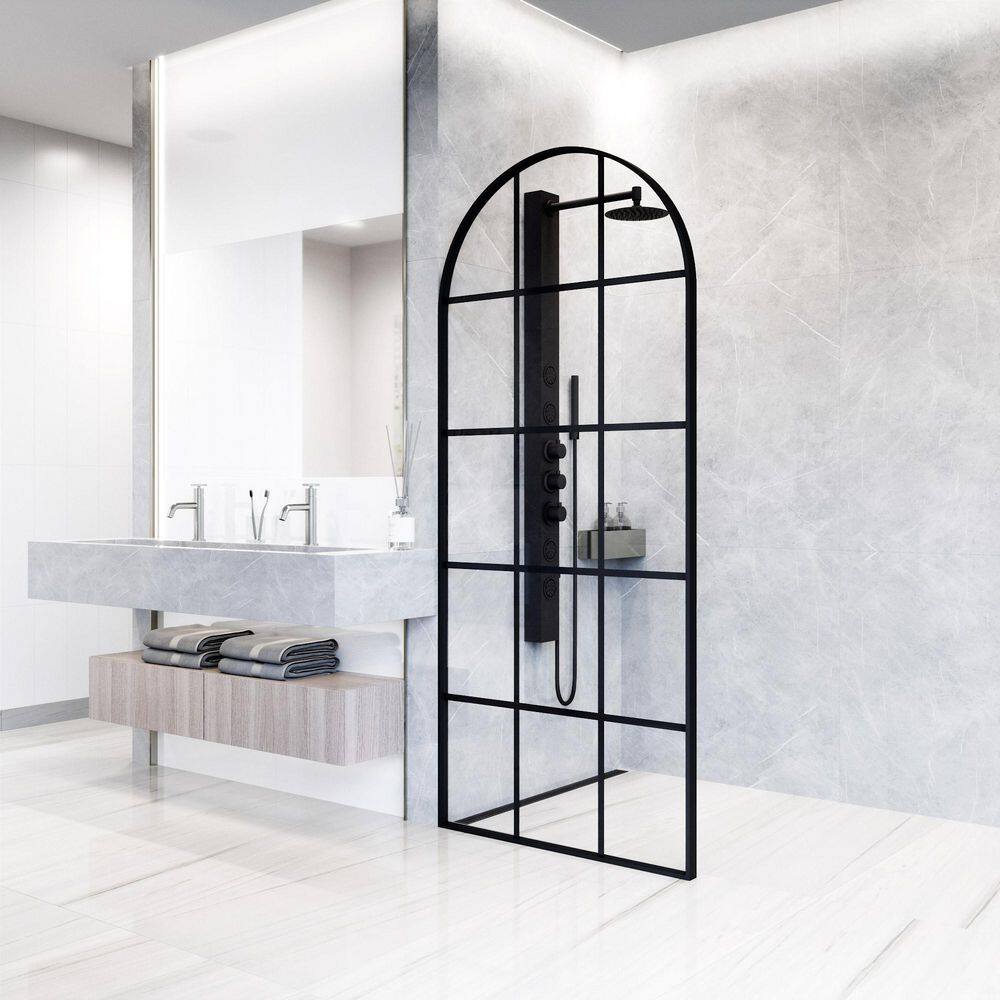 Arden 34" W x 78" H Matte Black Framed Shower Screen with Clear Grid Glass