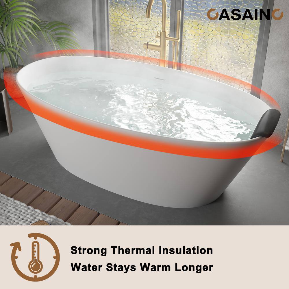 67" Matte White Freestanding Solid Surface Resin Bathtub with Black Pillow